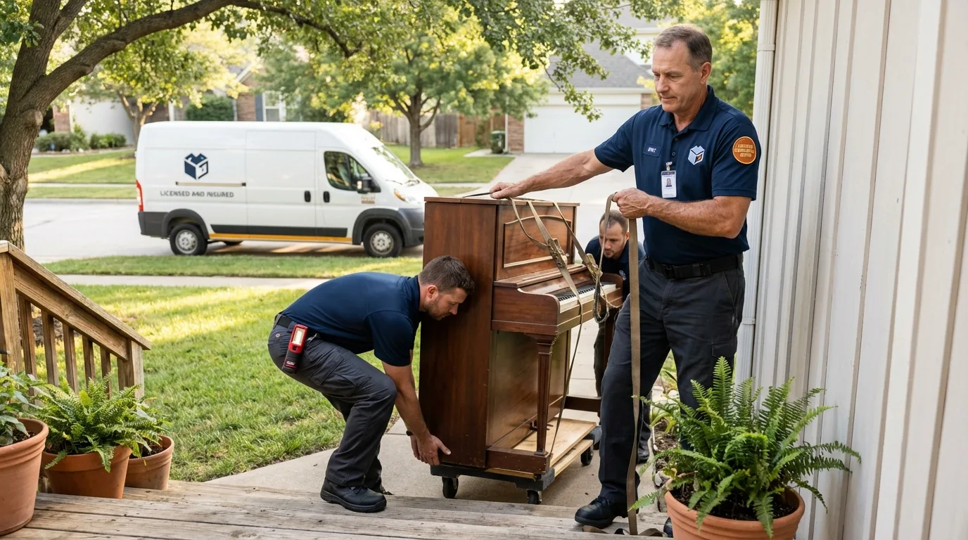 Licensed piano movers securing grand piano in Carbon Cliff, IL