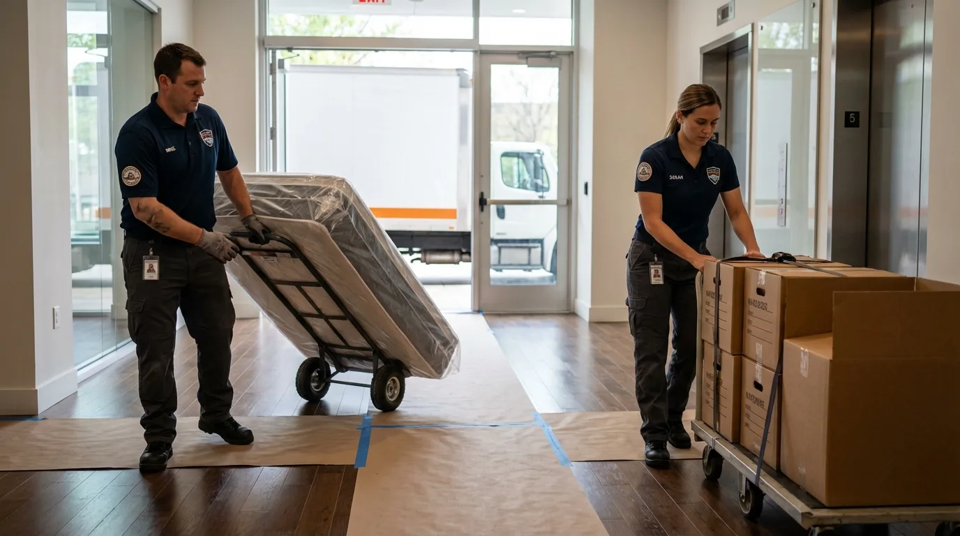 Professional apartment movers loading elevator in Carbon Cliff, IL
